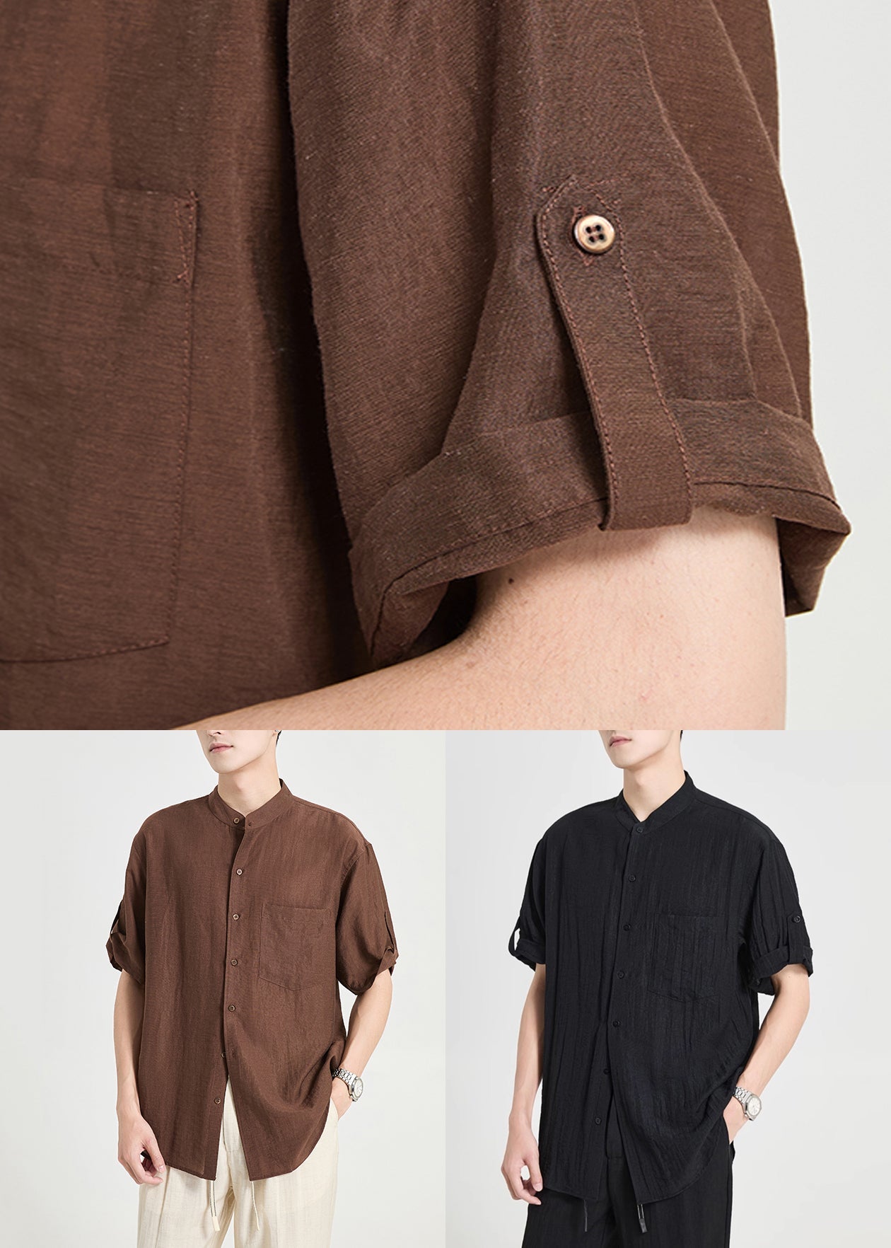 Black Pockets Cotton Shirts Stand Collar