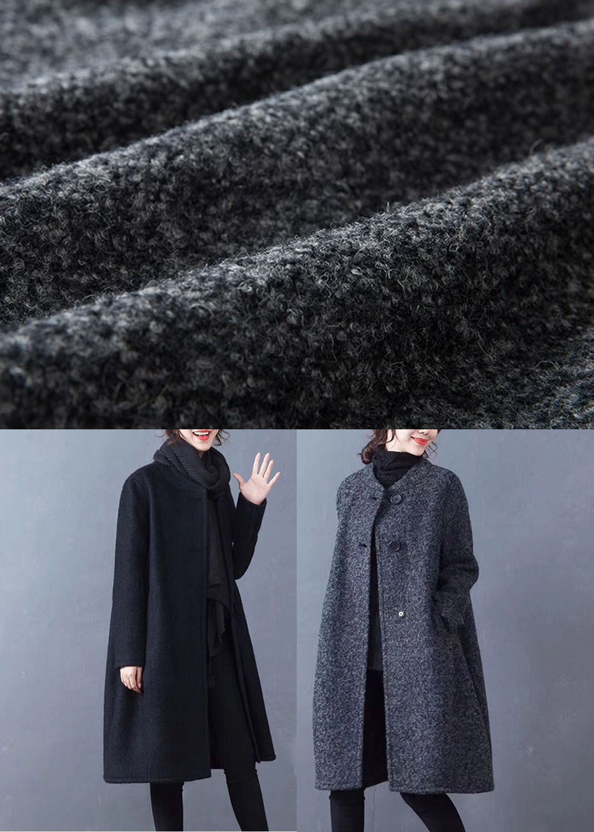 Black Pockets Woolen Coat Outwear O-neck Button Winter