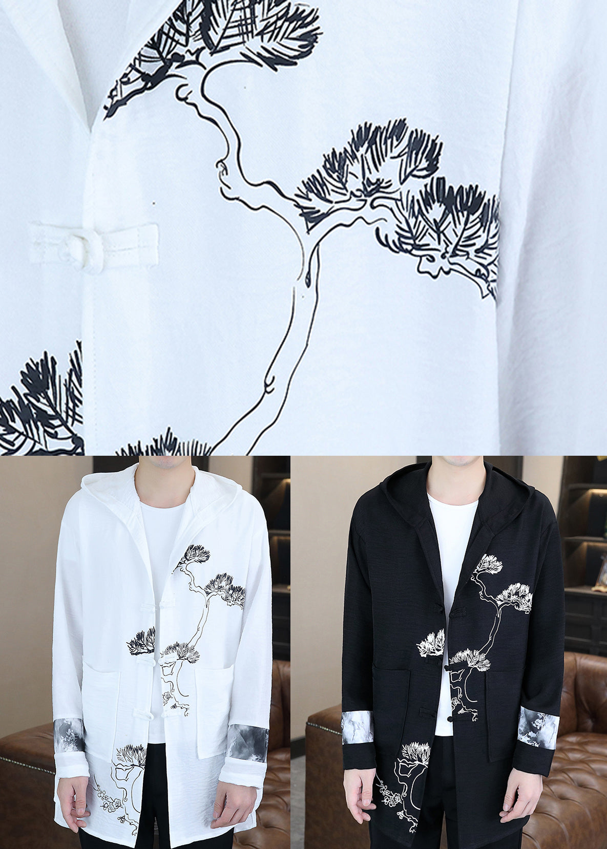 Black Print Button Hooded Coat Long Sleeve