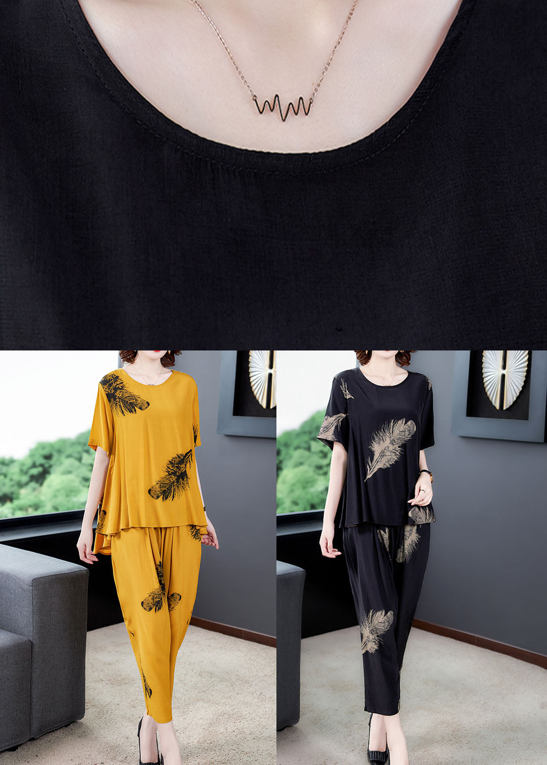 Black Print Patchwork Tops and Pants Cotton Two Pieces Set O-neck Summer