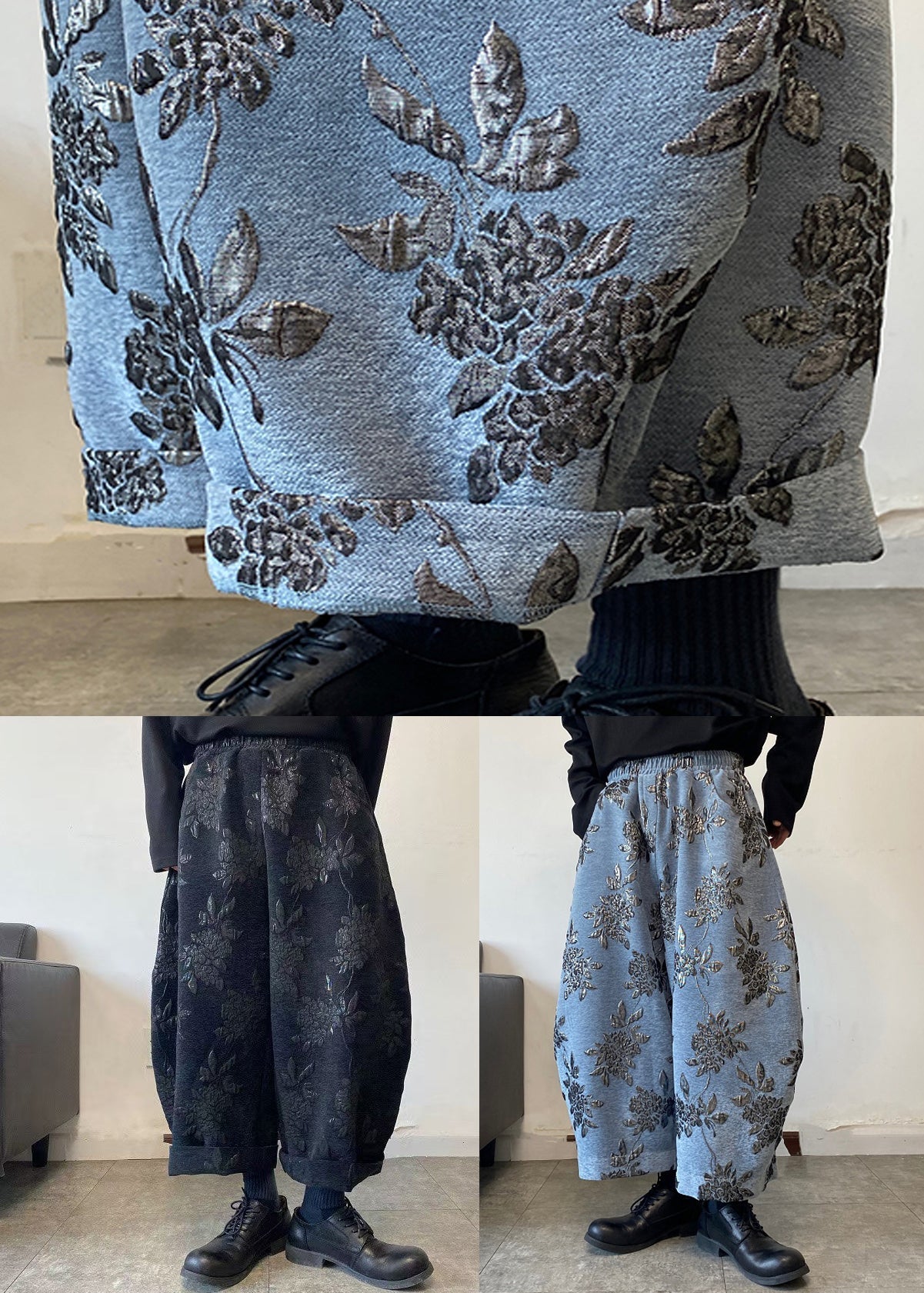 Blue Embroideried Wide Leg Pants Elastic Waist Spring