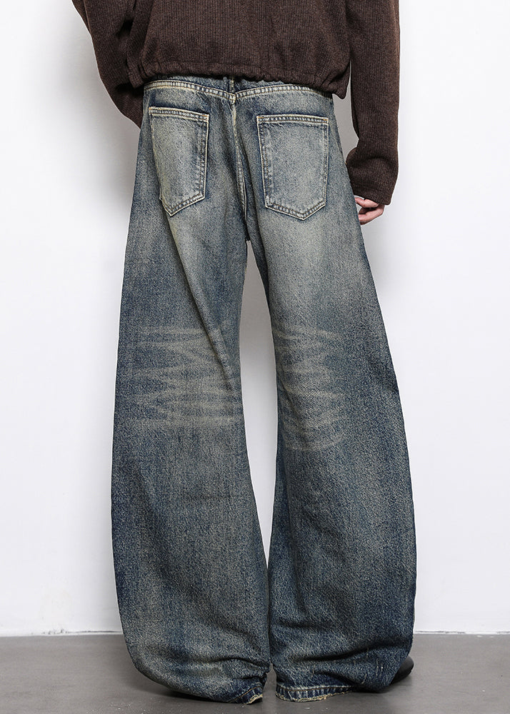 Blue Hole Pockets Denim Wide Leg Pants High Waist