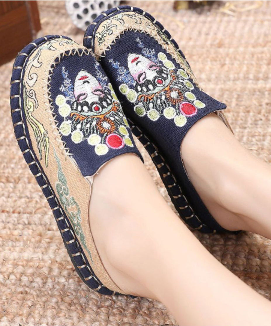 Blue Linen Fabric Unique Bei Jing Opera Embroideried Slide Sandals