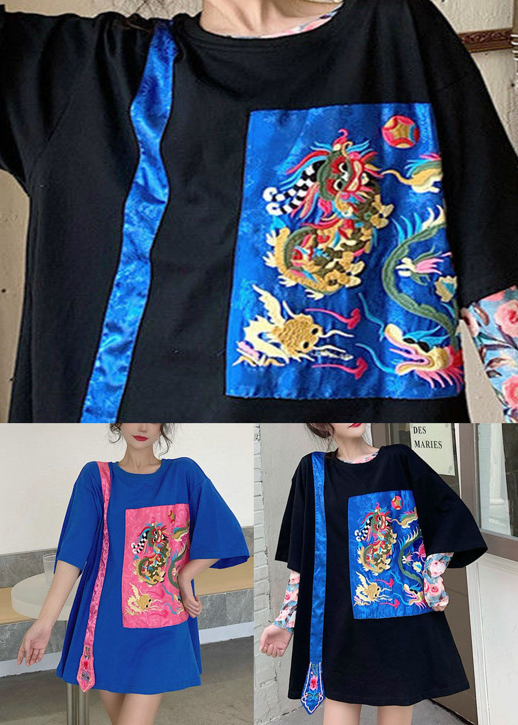 Blue Loose Top O-neck Asymmetrical Half Sleeve