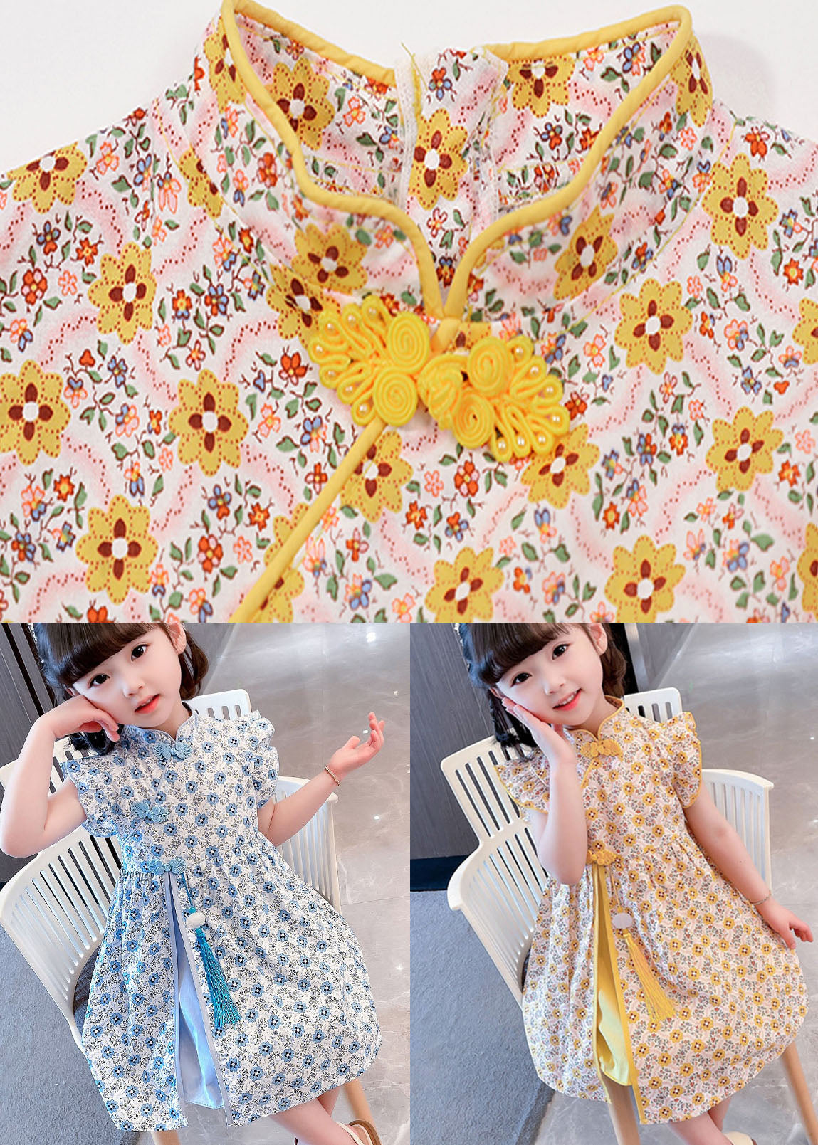 Blue Patchwork Cotton Kids Dresses Tasseled Stand Collar Summer