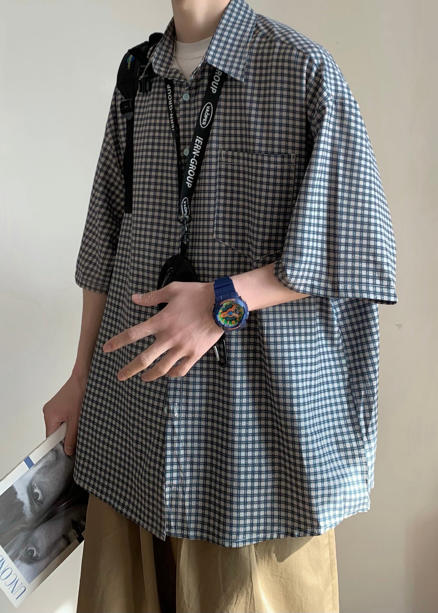 Blue Plaid Pockets Cotton Shirts Peter Pan Collar Summer