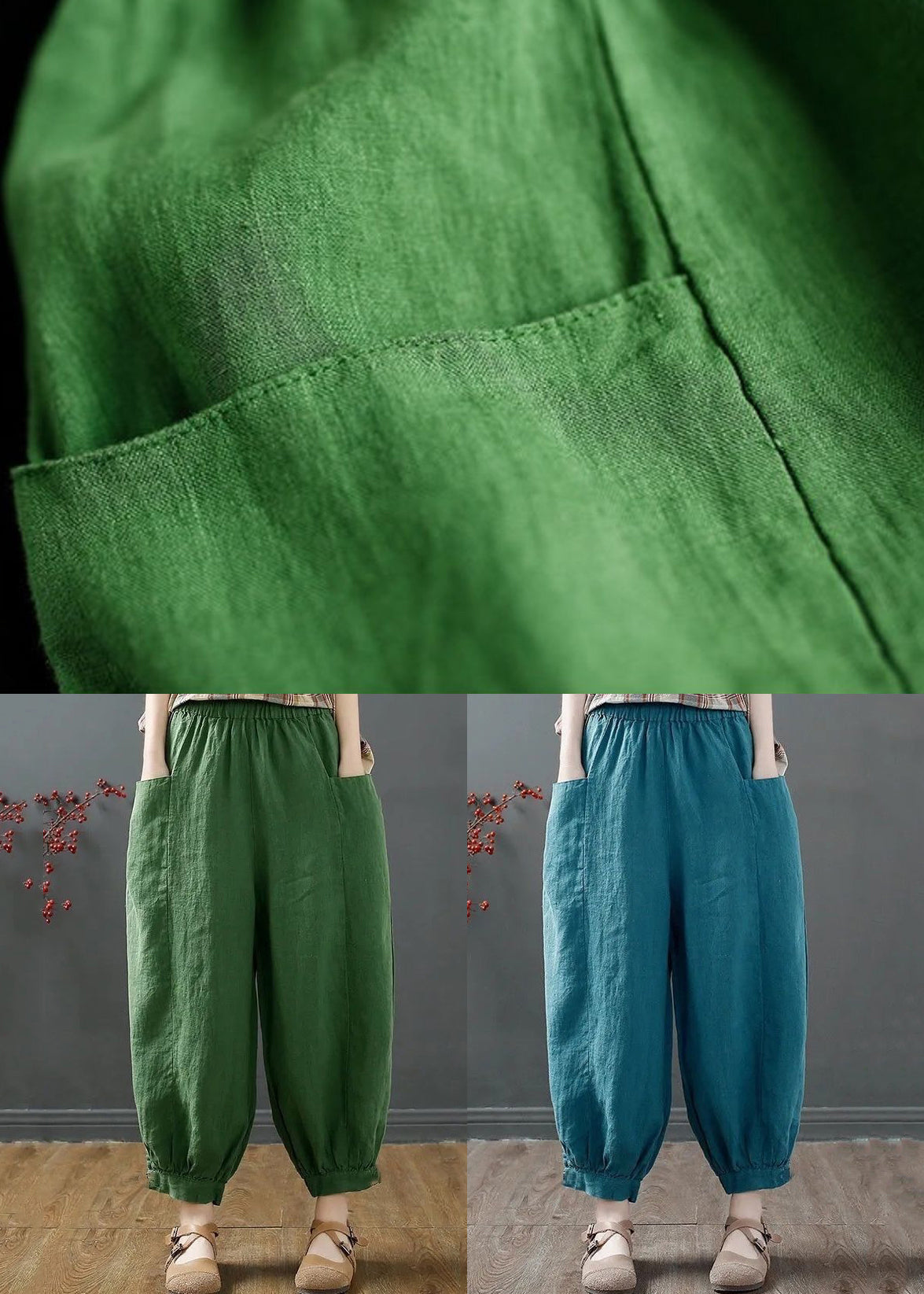Blue Loose Cotton Crop Pants High Waist Summer