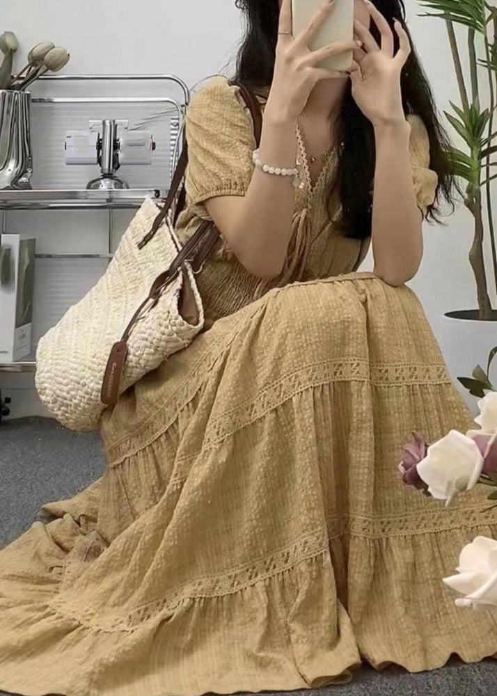 Apricot V Neck Cinched Patchwork Long Dress Short Sleeve