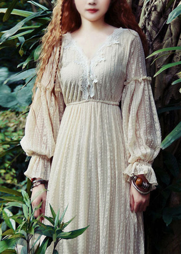 Beige V Neck Lace Patchwork Exra Large Hem Maxi Dress Puff Sleeve