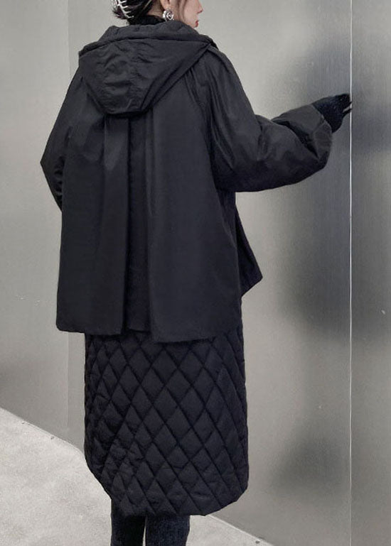 Black Hooded Plaid Patchwork Fine Cotton Filled Coats Winter