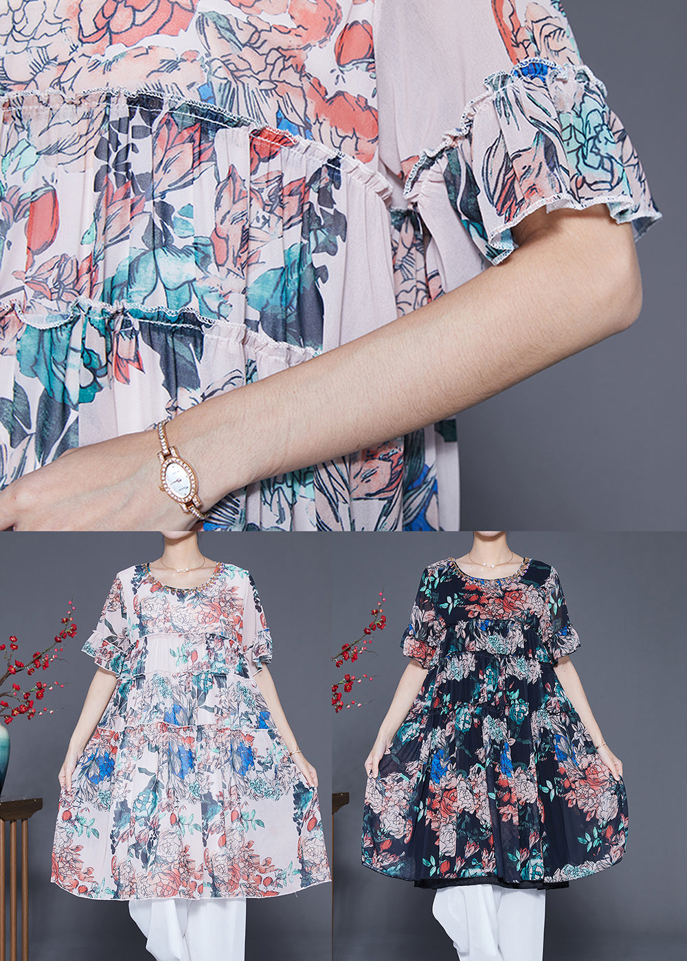 Black Ruffled Print Chiffon Dress Summer