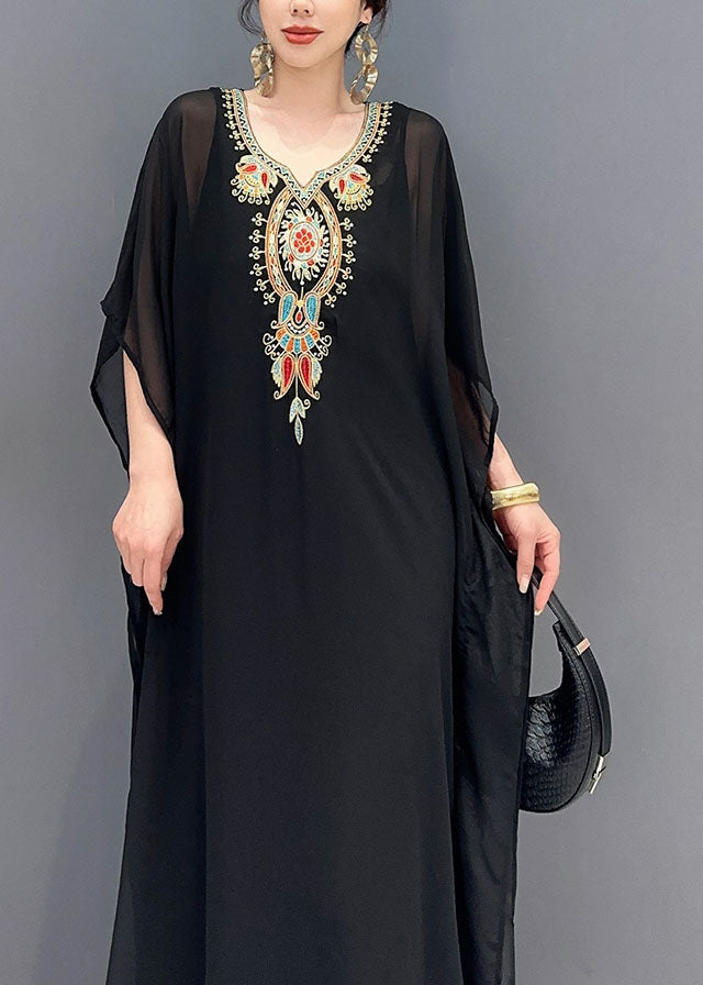 Black V Neck Embroidered Patchwork Tulle Maxi Dresses Long Sleeve
