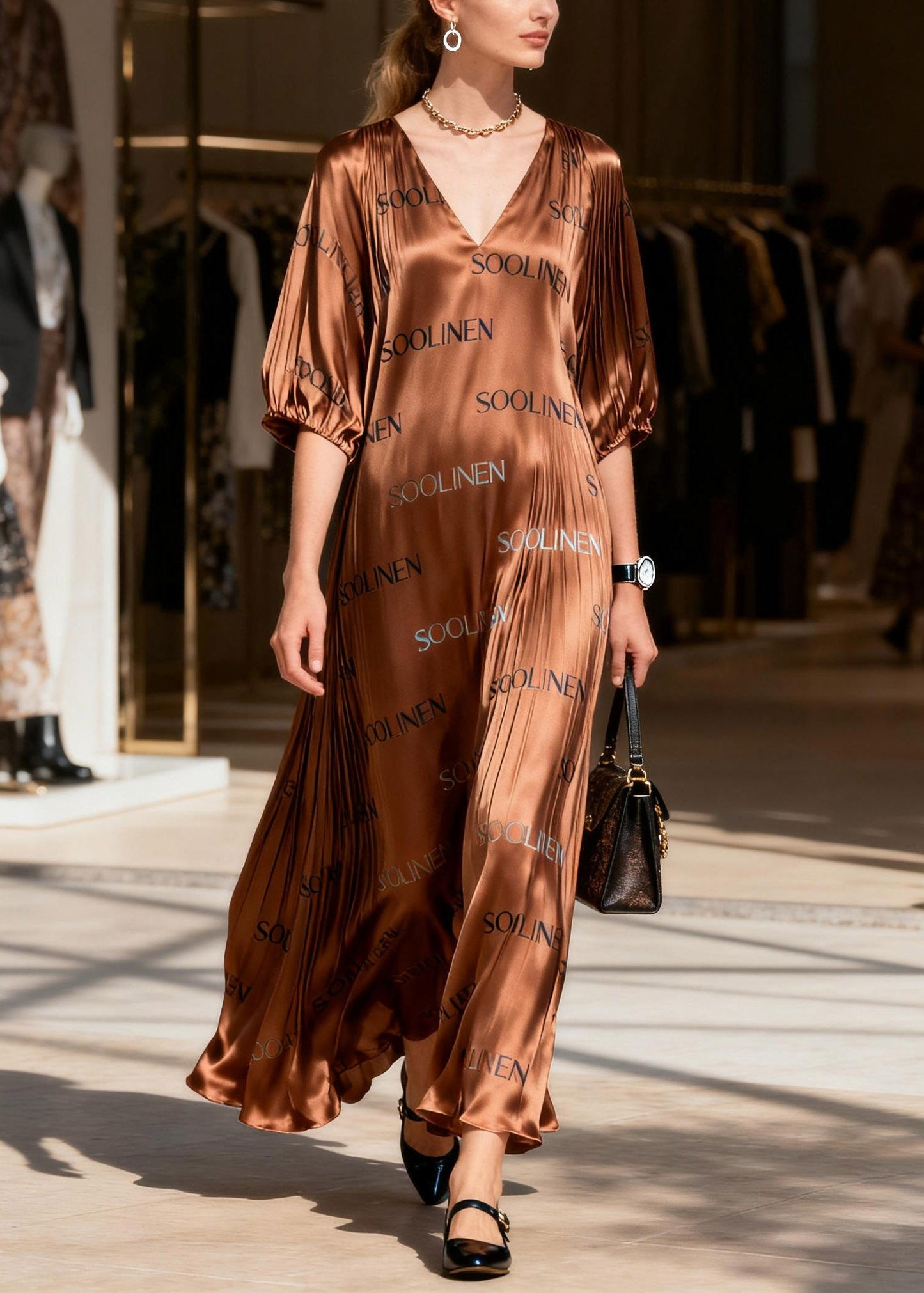 Caramel Patchwork Silk Party Maxi Dress Lanter Sleeve