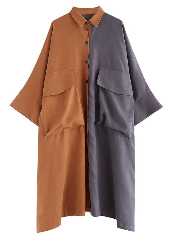 Colorblock Oversized Patchwork Pockets Cotton Long Dress Batwing Sleeve