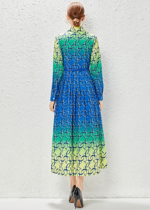 Gradient Color Print Patchwork Sashes Chiffon Exra Large Hem Dress Fall