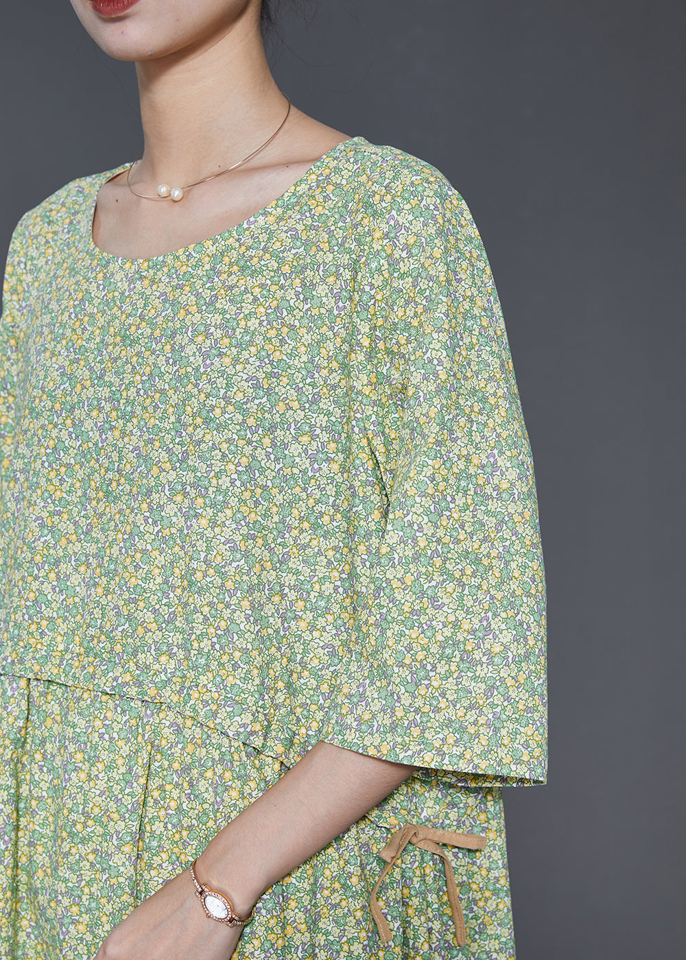 Green Oversized Print Drawstring Cotton Dress Summer