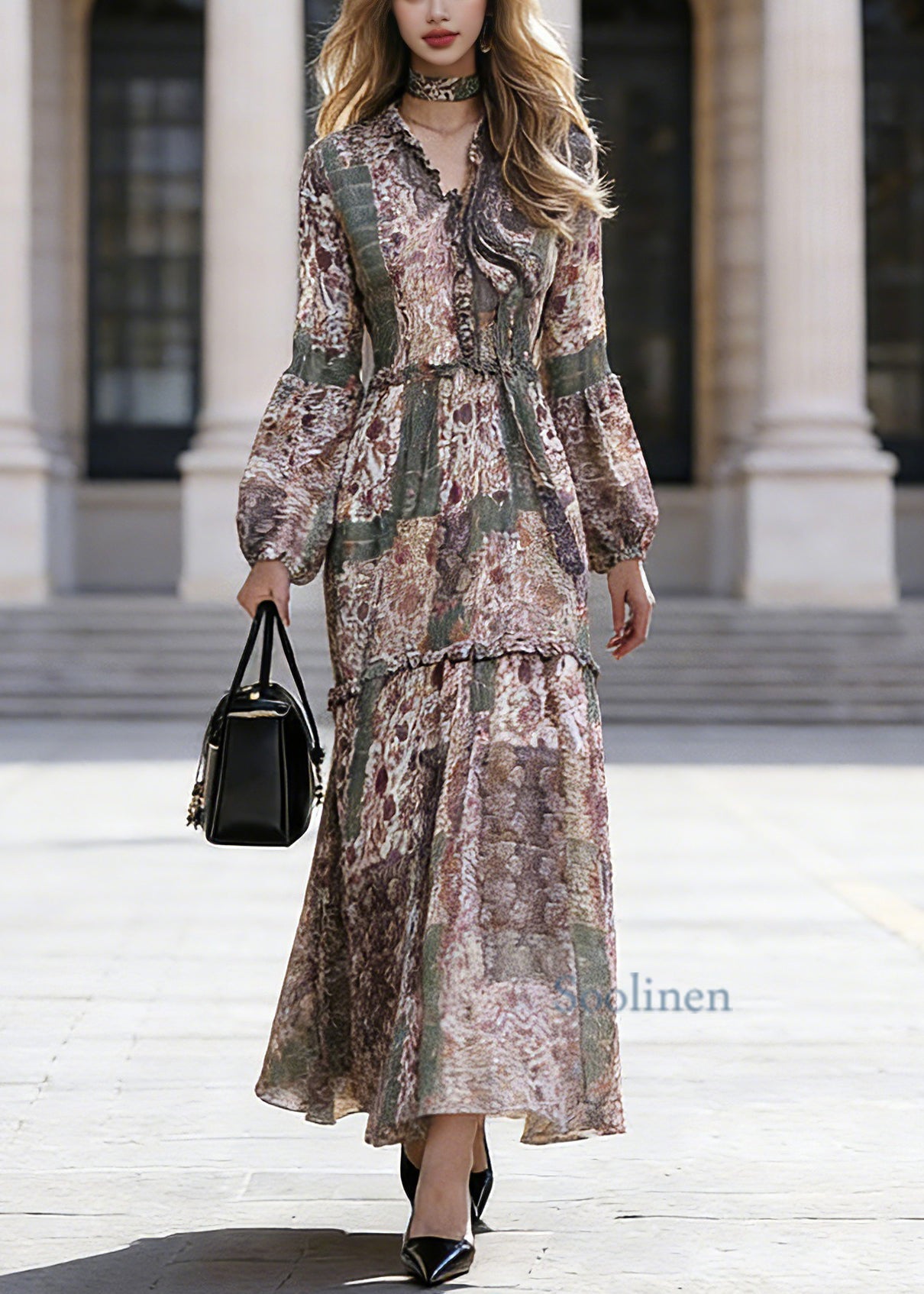 Green Ruffled Patchwork Chiffon Vacation Maxi Dresses Spring