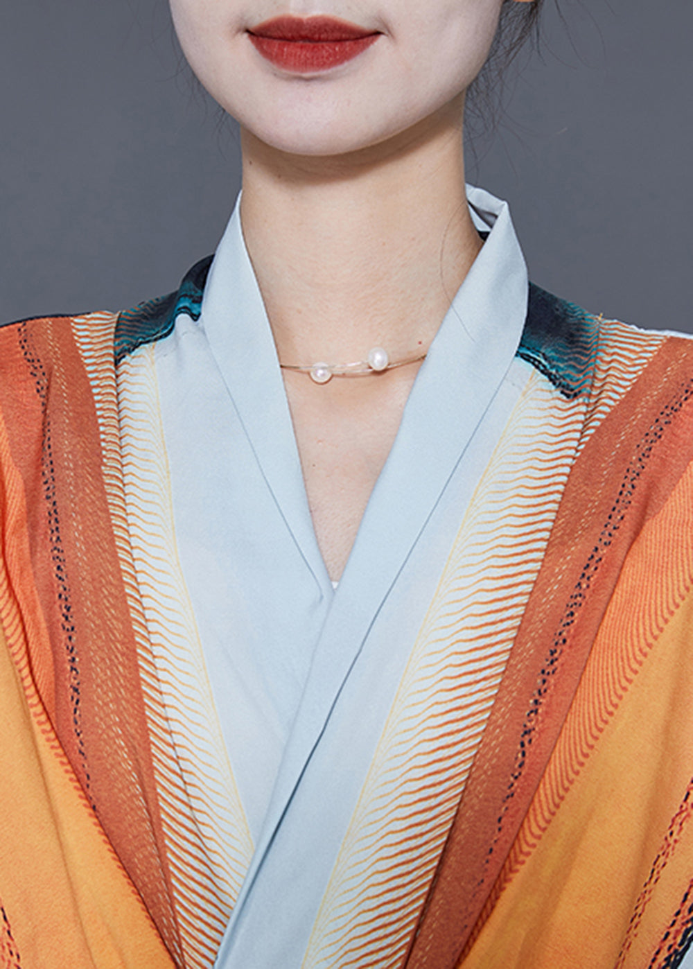 Orange V Neck Print Chiffon Robe Dresses Summer