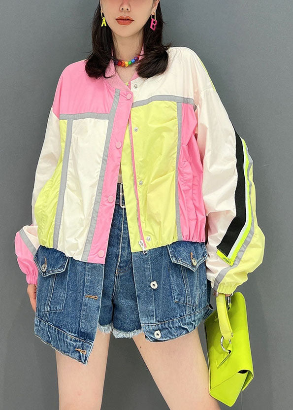 Pink Stand Collar Zip Up Denim Patchwork Coats Fall