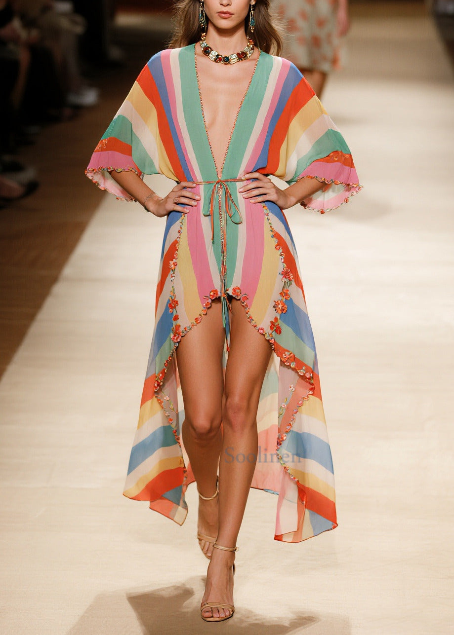 Rainbow Asymmetrical Striped Chiffon Beach Dress Summer