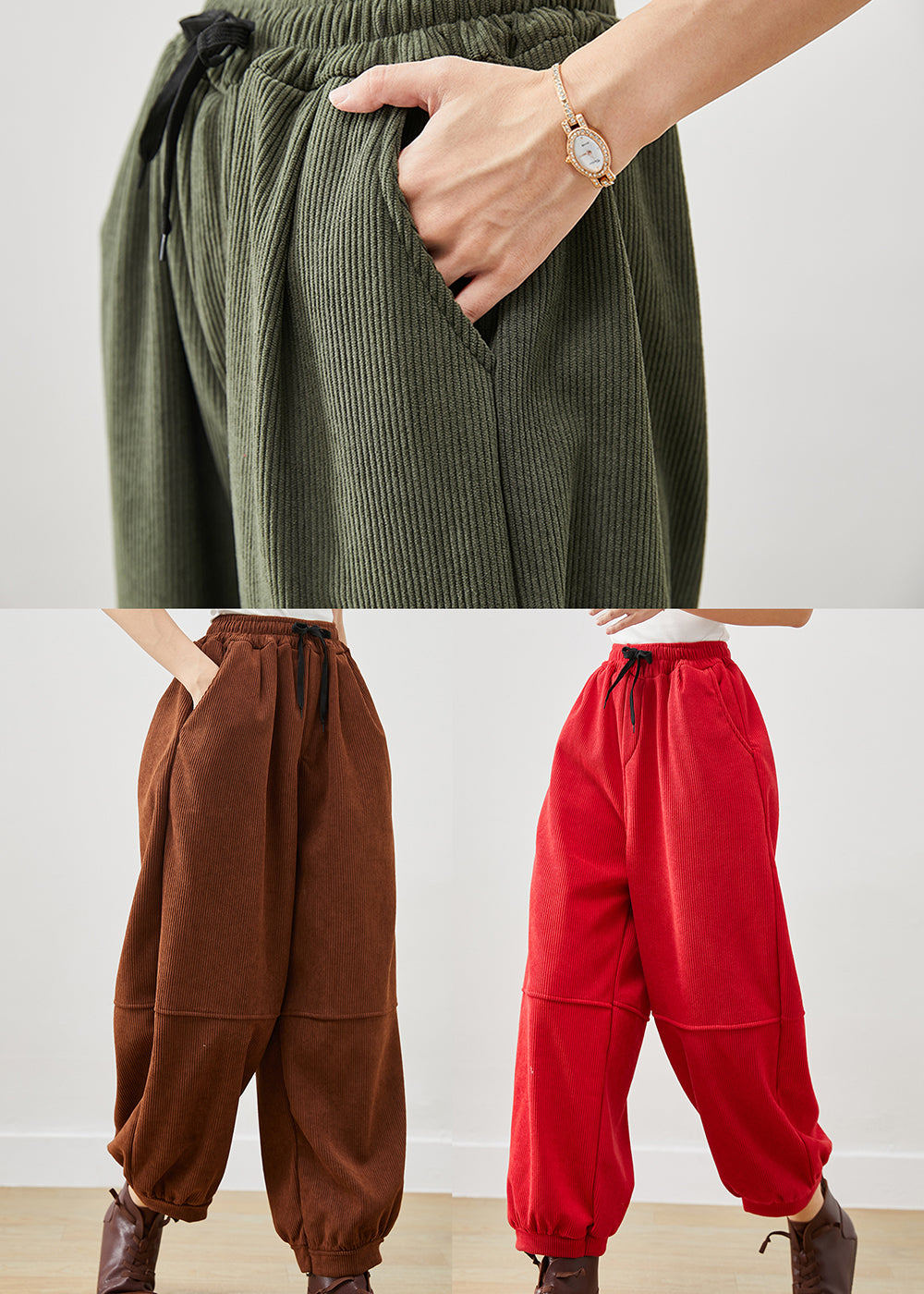 Red Oversized Pockets Corduroy Pants Winter