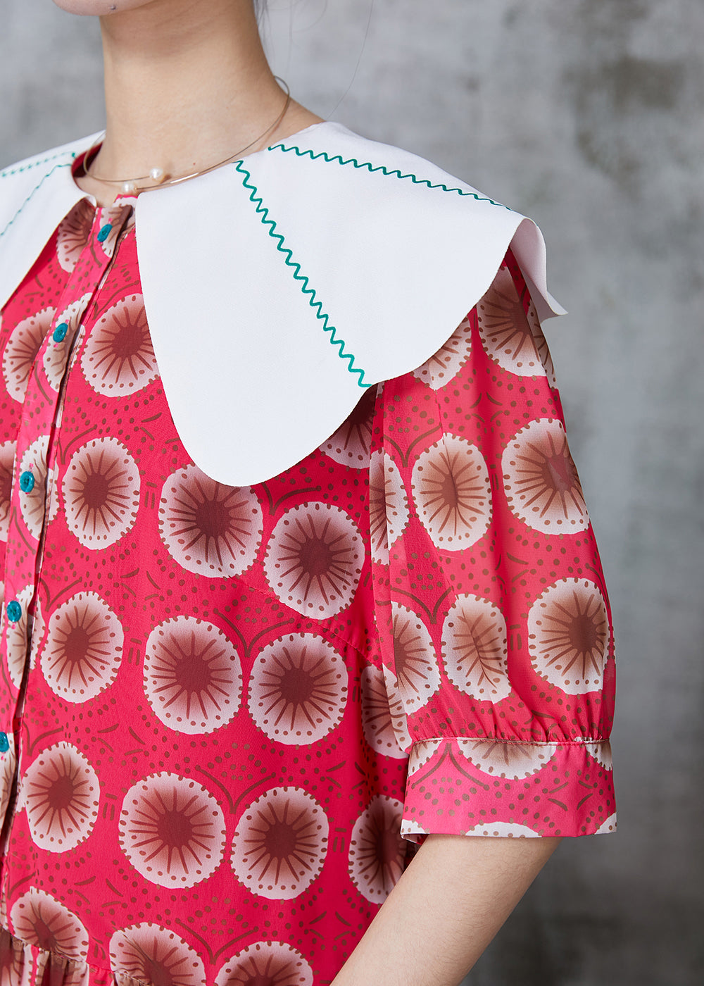 Red Peter Pan Collar Print Chiffon Dress Summer
