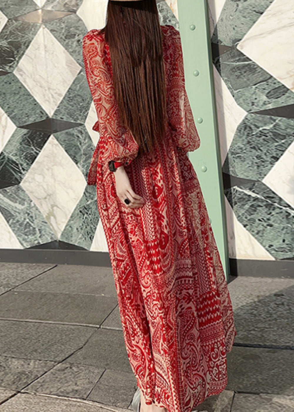 Red Print Tie Waist Vacation Long Dresses Spring