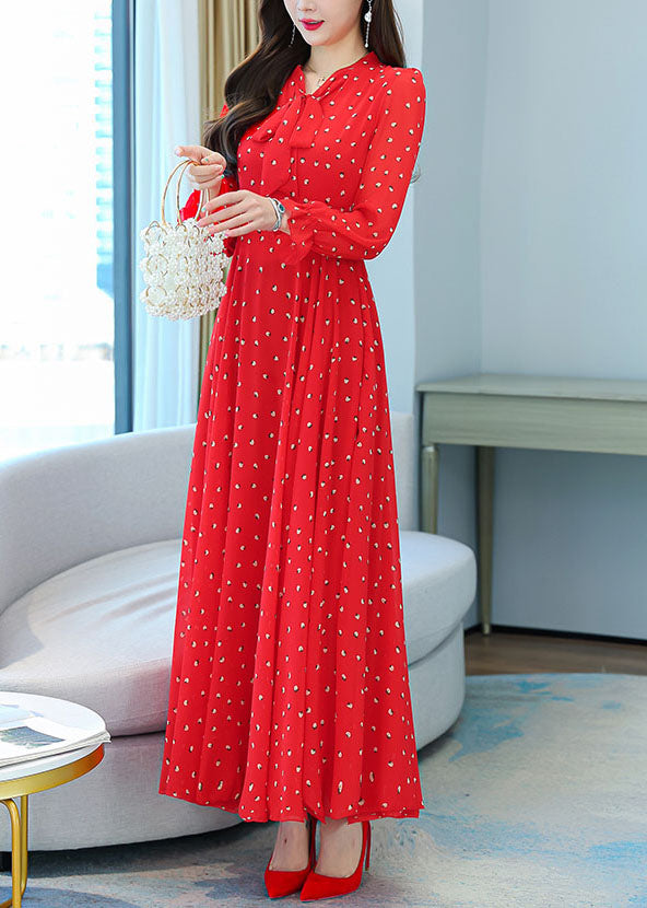 Red V Neck Bow Print Chiffon Maxi Dresses Lantern Sleeve