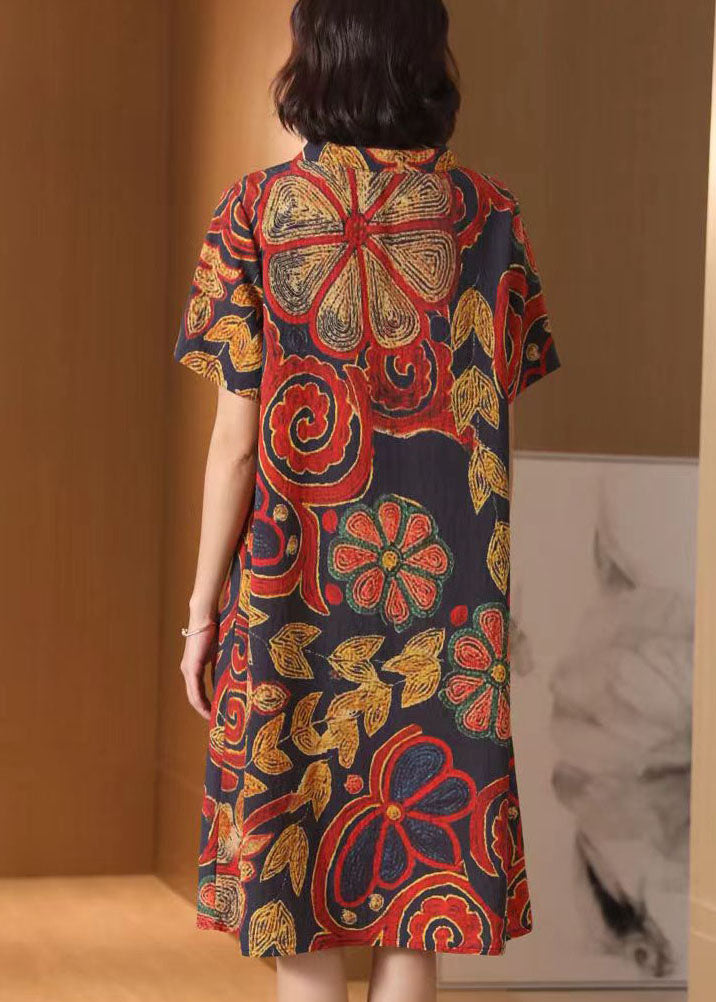 Red V Neck Button Print Patchwork Cotton Mid Dress Summer