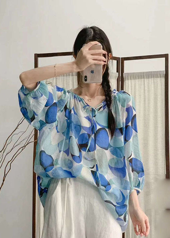 Rose Ruffled Print Patchwork Linen Shirt Tops Summer