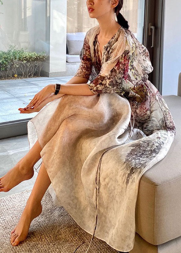 V Neck Print Drawstring Chiffon Maxi Dresses Half Sleeve