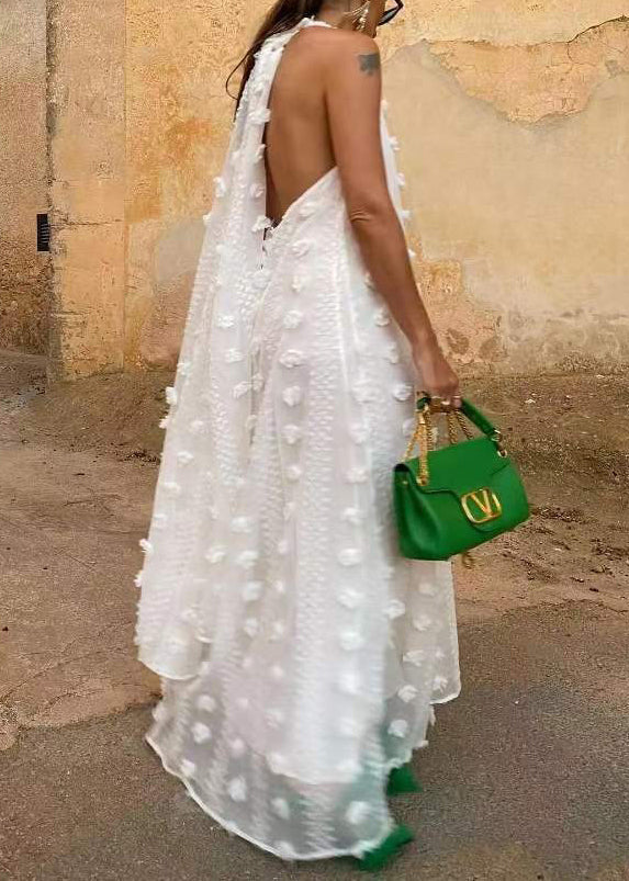 White Backless Ribbon Maxi Dress Sleeveless