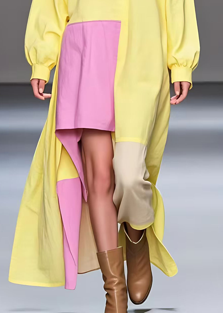 Yellow Turtleneck Low High Design Cotton Dresses Fall