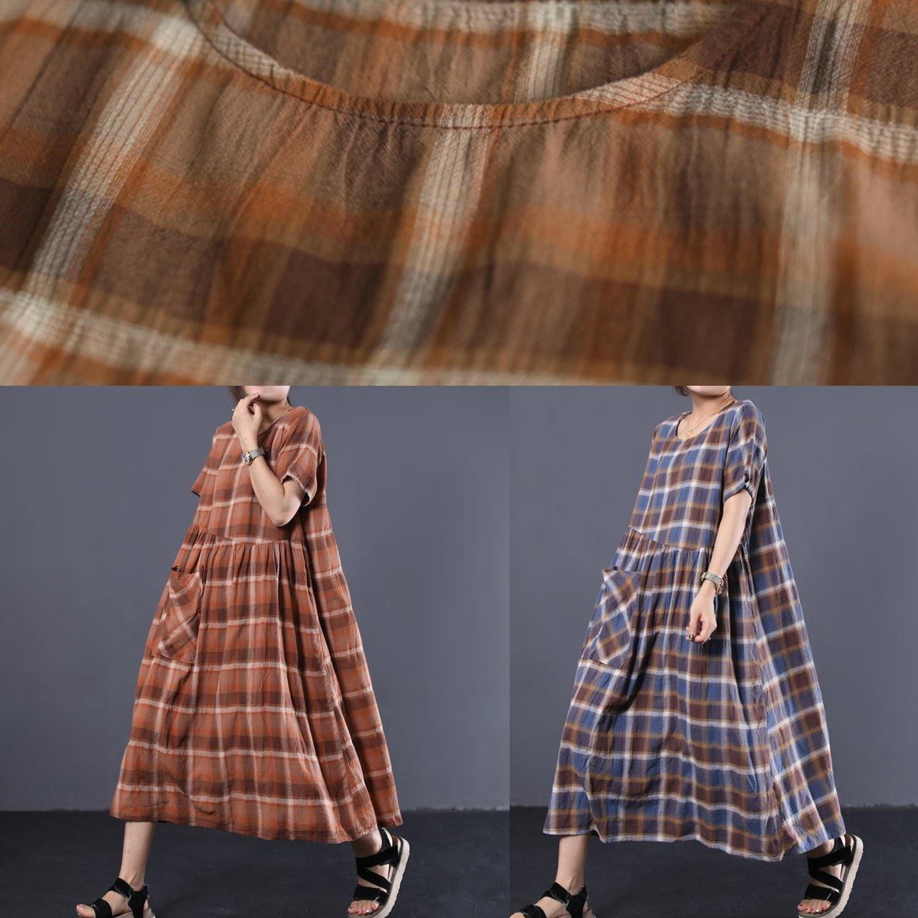 Big Hem Cotton Tunic Dress Catwalk Blue Plaid Long Dresses Summer