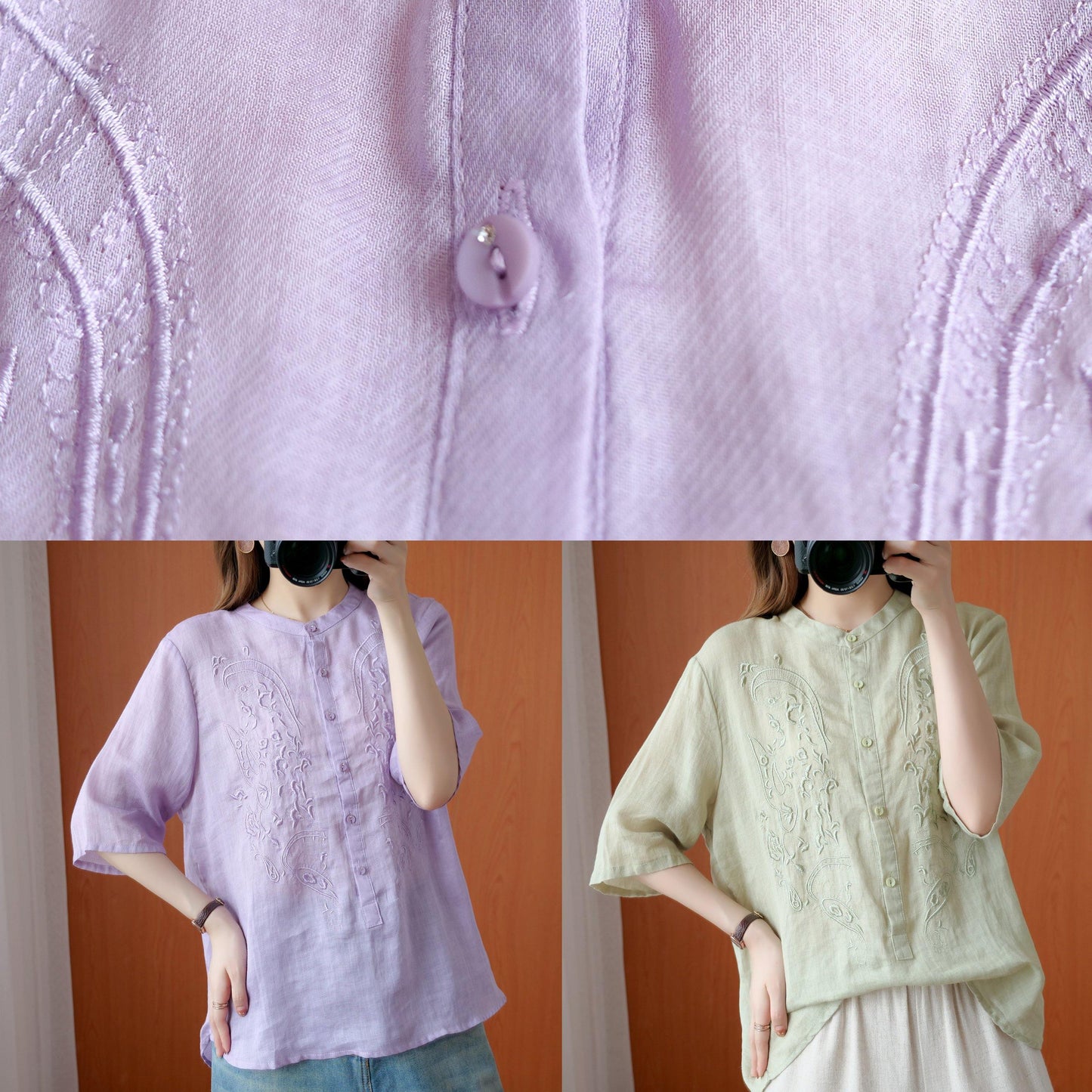 Green Clothes for Stand Collar Embroidery Silhouette Top