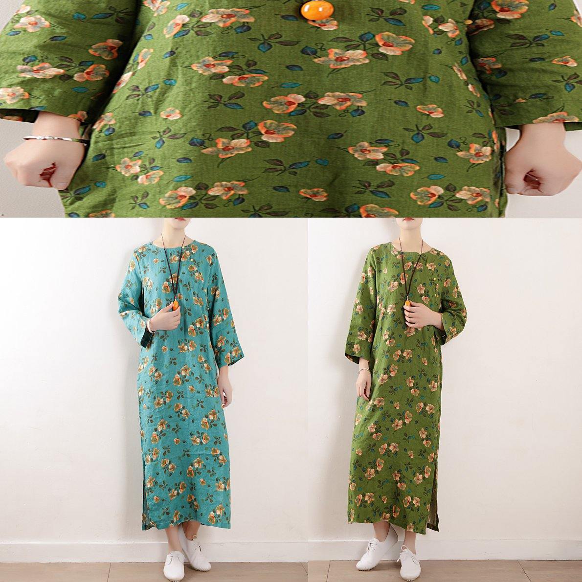 Green O Neck Linen Outfit Cotton Summer Dress