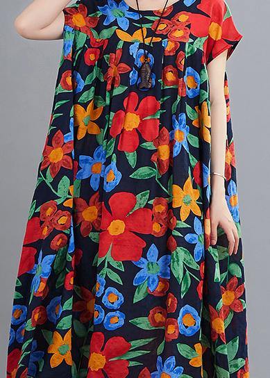 Navy Print Clothes O Neck Pockets Robes Summer Dresses