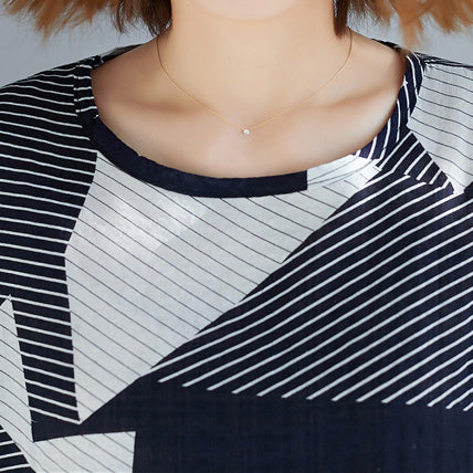 O Neck Side Open Cotton Linen Tops Work Striped Midi Top