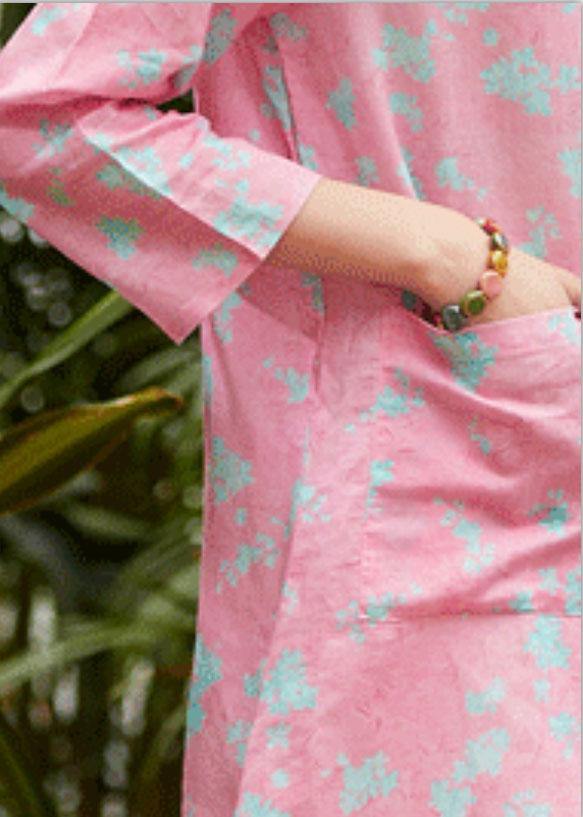 Pink Print Linen Clothes for O Neck Pockets Daily Summer Dress
