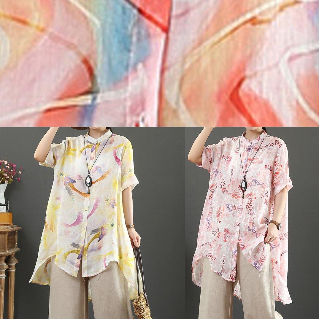Stand Collar Low High Design Linen Blouses for Design Yellow Print Shirts
