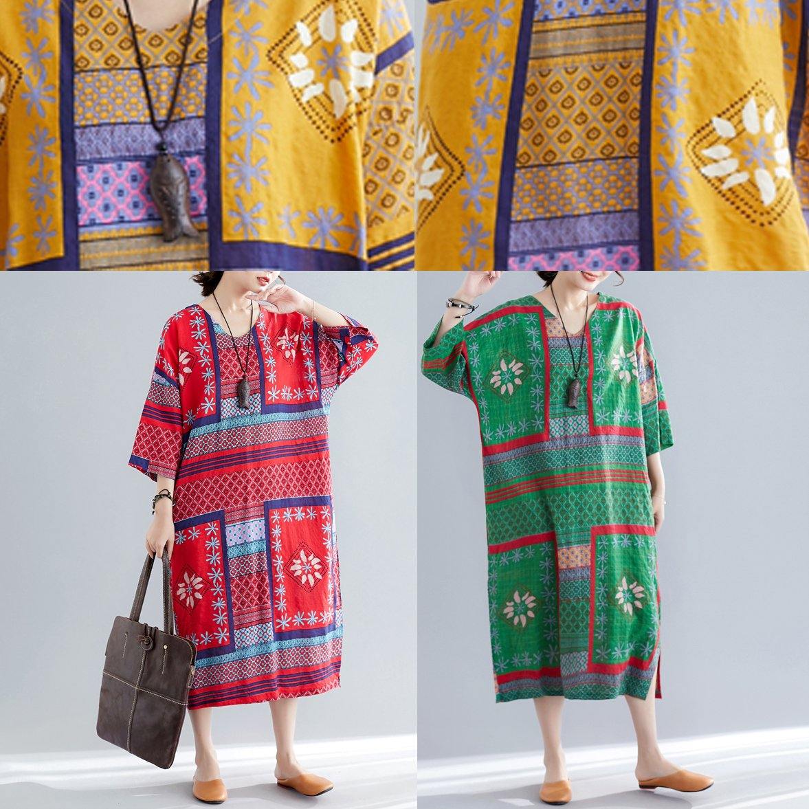 V Neck Side Open Cotton Pattern Green Print Maxi Dresses Summer