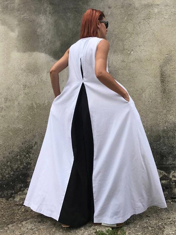 White Cotton Clothes for Sleeveless Patchwork Maxi Dresses