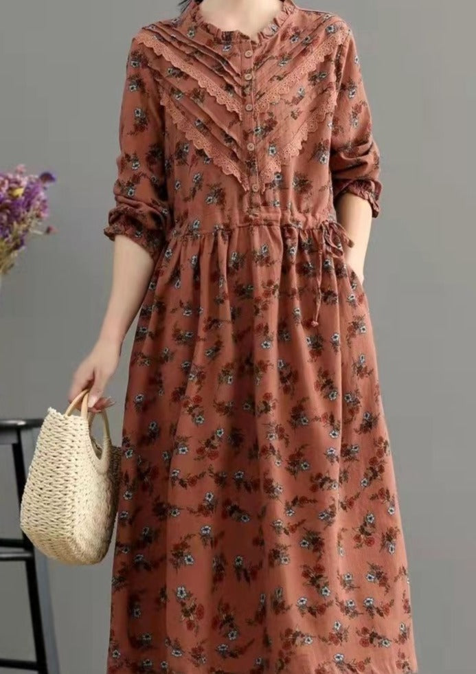 Blue Pockets Print Loose Fall Maxi Dress Long Sleeve