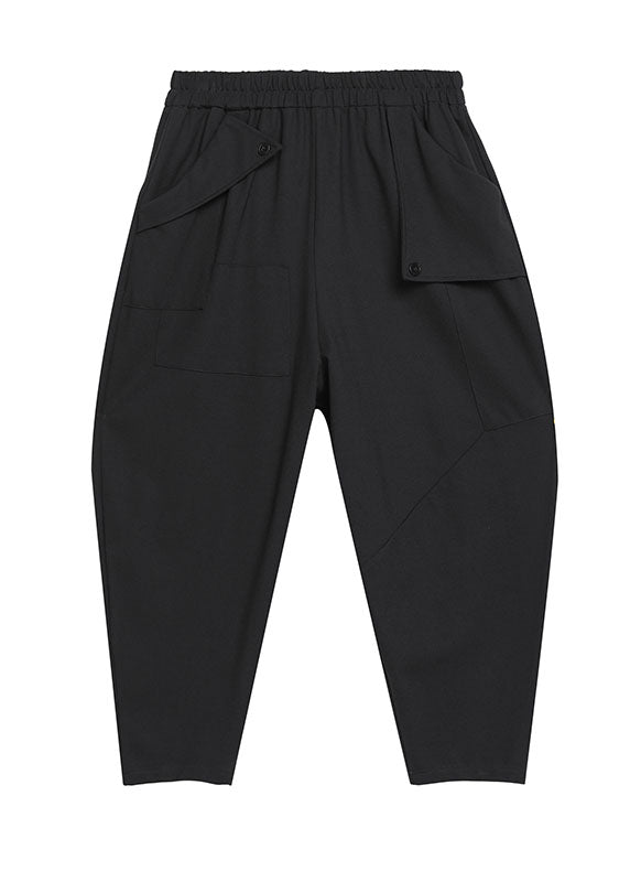 Black Elastic Waist Pockets Fall Harem Pants