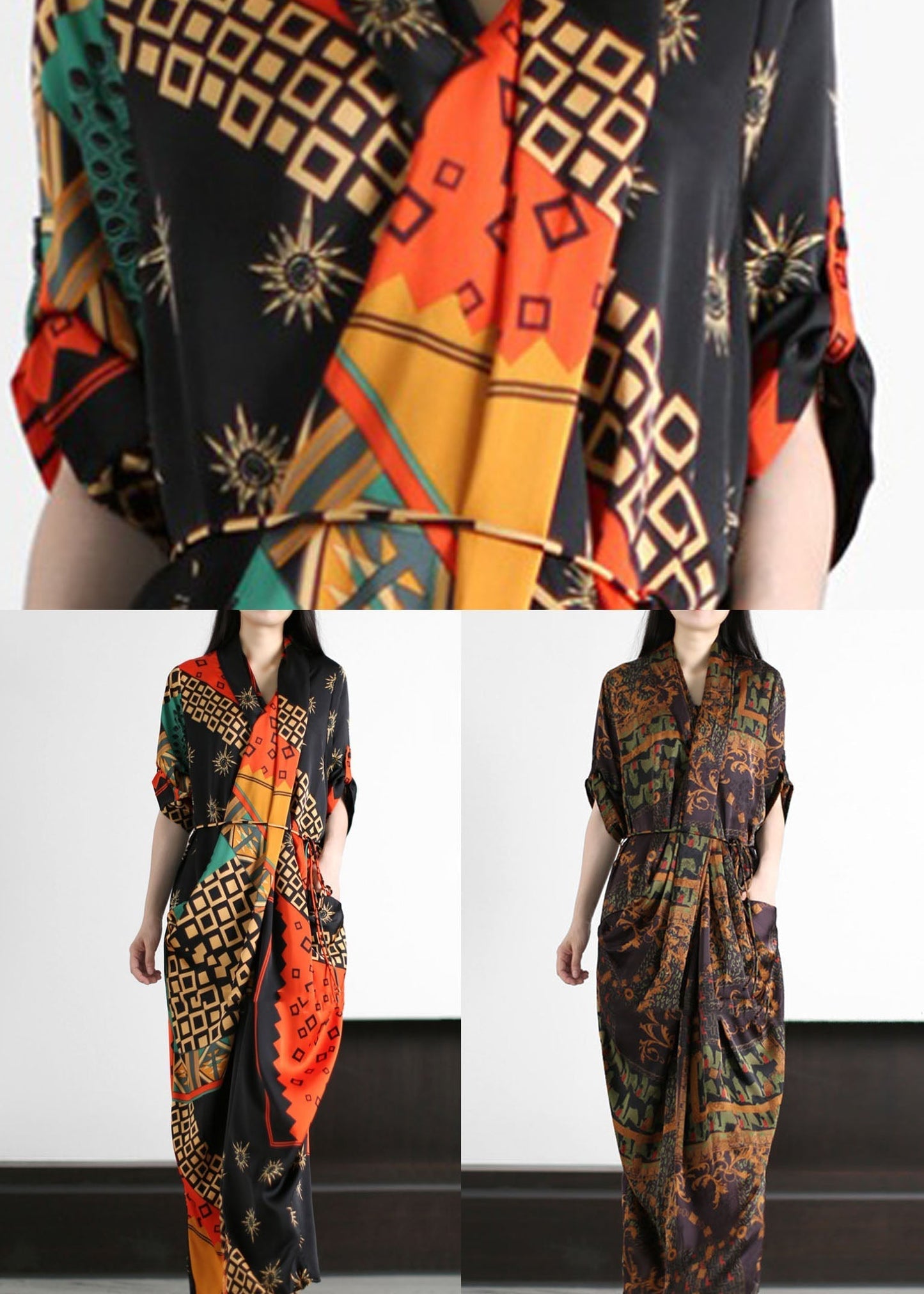 Black Wrinkled Tie Waist Patchwork Silk Long Dresses Summer