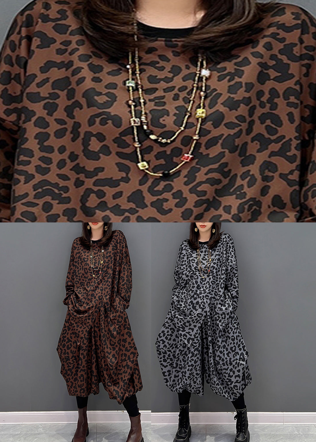 Brown O-neck Asymmetrical Print Top and Harem Pants Two Piece Set Fall
