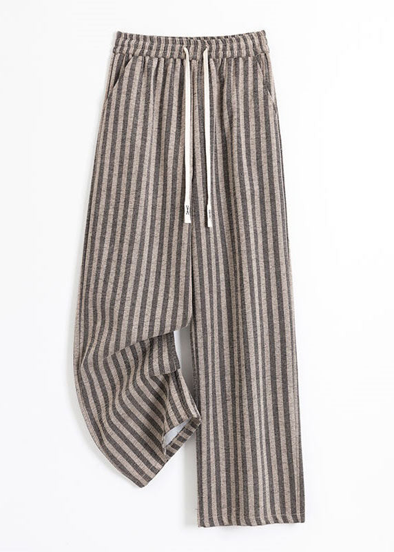 Coffee Striped Patchwork Elastic Waist Cotton Wide Leg Pants Spring