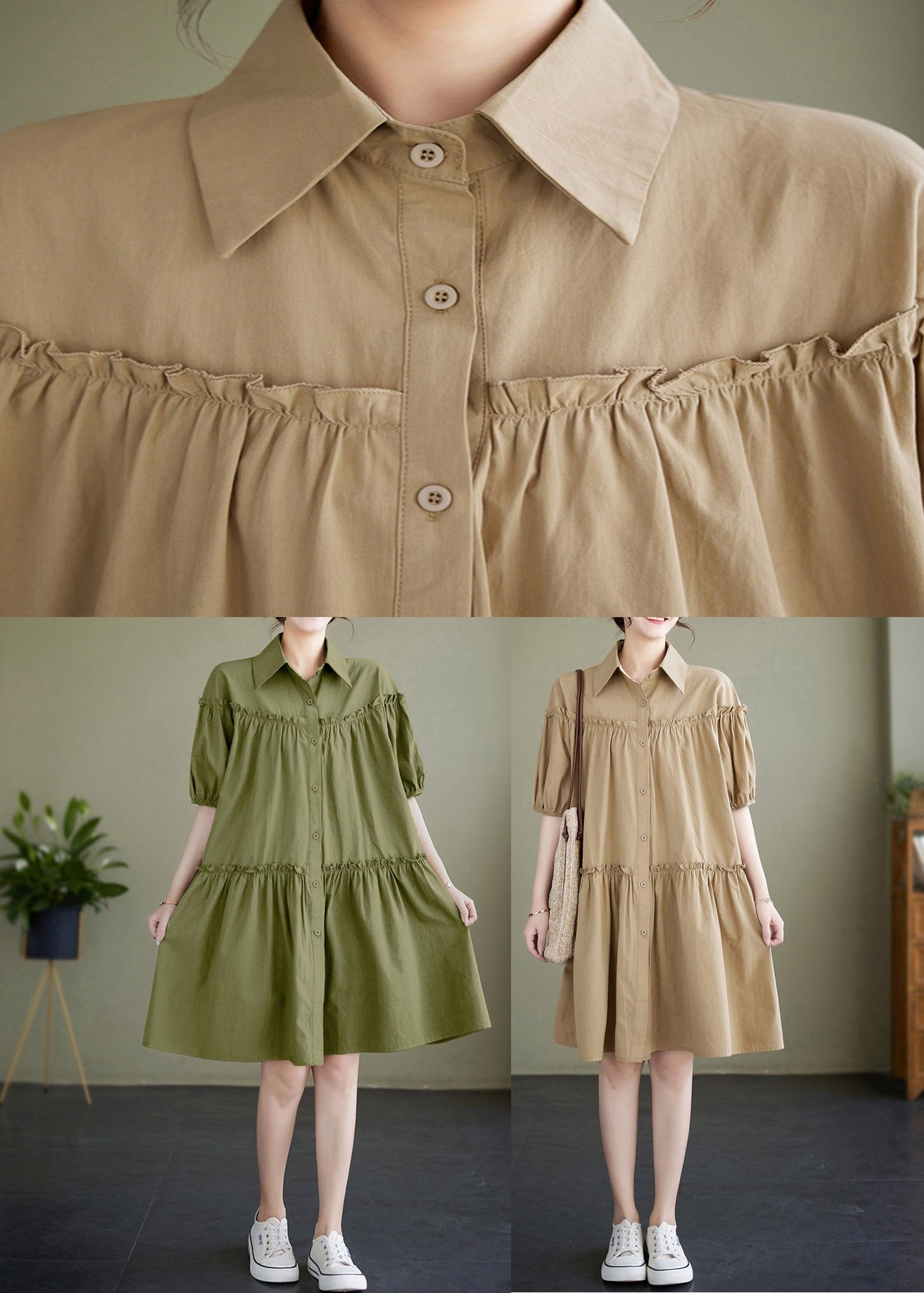 Green Ruffled Patchwork Wrinkled Cotton Mid Dress Summer