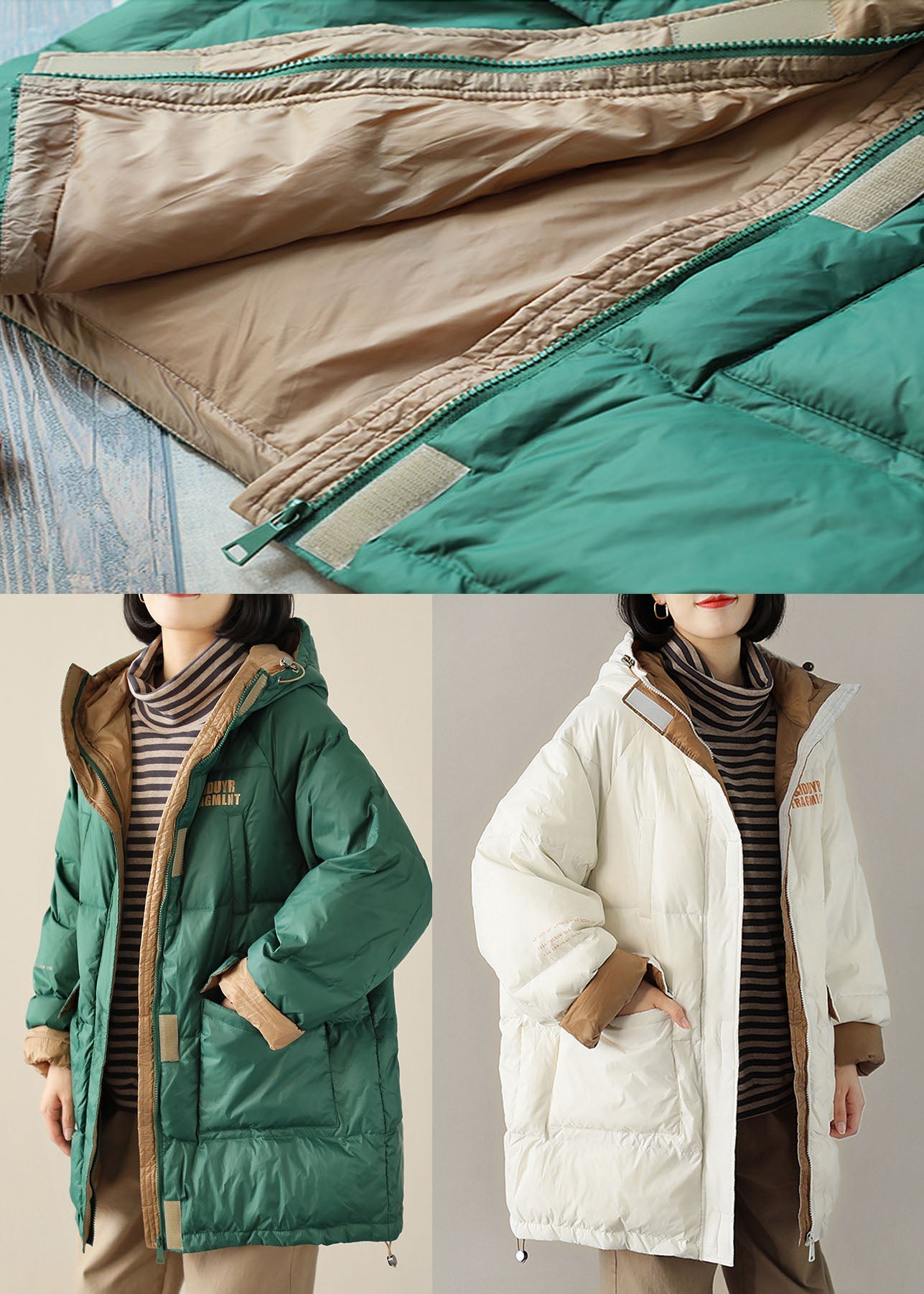 Green Zippered Graphic Loose Winter Duck Down Puffer