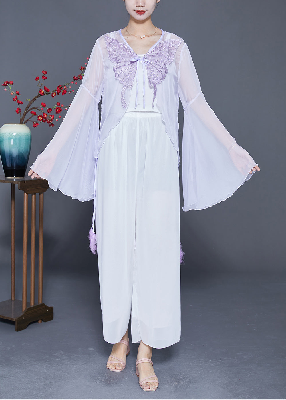 Light Purple Butterfly Embroideried Chiffon Cardigan Flare Sleeve